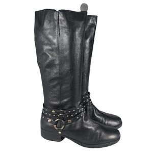 NINE WEST! BLACK GENUINE LEATHER TRIPLE STUDDED ANKLE HARNESS BOOTS! SZ 10M